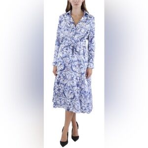 Tahari ASL Blue Floral Faux Wrap Satin Midi Dress w/Pockets Women’s Size 8. NWOT